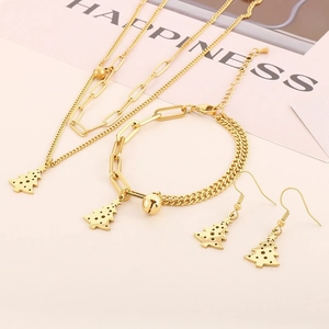 Hollow Christmas Tree Stainless Steel Jewelry Set Necklace Bracelet Earrings With Beads And Bells For Women Fashion Holiday