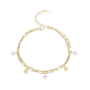 Double-layered golden four-leaf clover bracelet with white zircon flower pendants