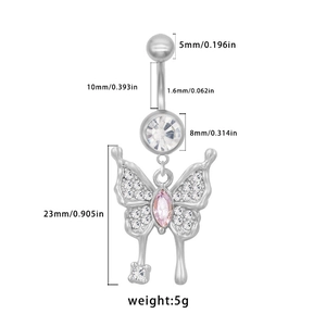 Dimensions du piercing nombril papillon argenté avec cristaux roses et poids de 5g
