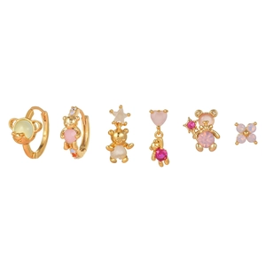 6-piece gold 18k plated earrings set with pink heart and bear cubic zirconia studs