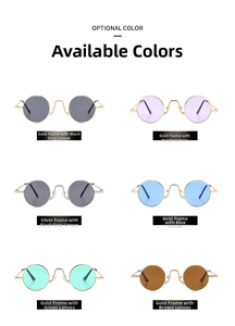 Macro view of six various color combinations for retro round metal frame sunglasses