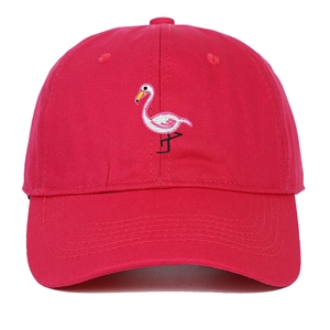 Close-up of pink flamingo embroidery on high-quality cotton twill baseball cap