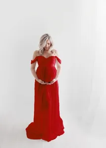 Elegant red off-shoulder lace and chiffon maternity dress for photo shoots