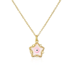 Close-up of a 18K gold plated necklace with a pink enamel star and evil eye pendant