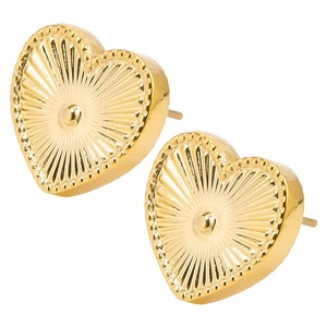 Close-up of golden heart stud earrings with radial texture and beaded edge detail