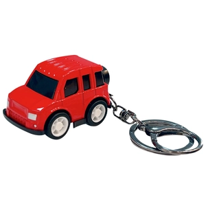 Red alloy pull-back toy car keychain with realistic details and sturdy metal ring.