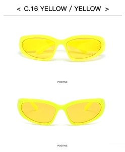 Close-up of vibrant neon yellow oval sport sunglasses with translucent frames C.16