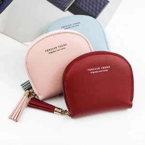 Women PU Leather Coin Purse Semi Circular Shell Shaped Zipper Wallet With Tassel Minimalist Short Card Holder