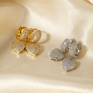 Luxurious gold and silver heart drop earrings with shimmering micro-pave cubic zirconia