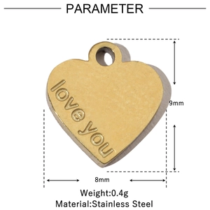 Technical diagram of 8x9mm gold stainless steel heart pendant with Love You engraving