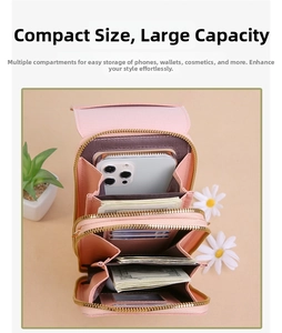 Interior detail of pink leather crossbody phone wallet showing multi-layer compartments