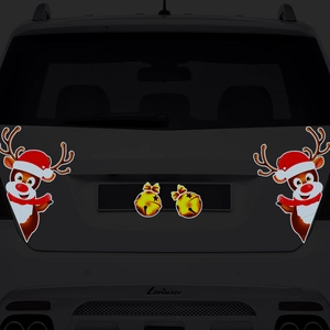 Reflective reindeer and bell magnet set with honeycomb texture on a dark car surface