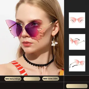 Fashionable rimless butterfly sunglasses with gradient lenses and stylish hollow metal temples