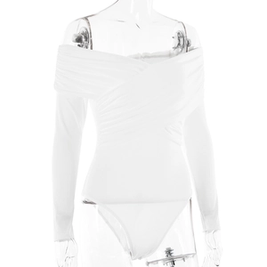 Detail showing the elegant cross-pleated V-neck and off-shoulder design of the white bodysuit