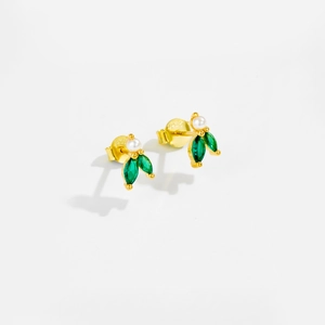 S925 sterling silver leaf earrings with green gems and small white pearls on white background