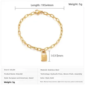 Detail of a 195mm gold-plated stainless steel chain bracelet with a star engraved padlock