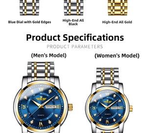 Detailed view of dual calendar watch dials with Roman numerals and diamond markers