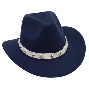 Classic navy blue wool felt fedora hat featuring a white pearl and stud embellished band