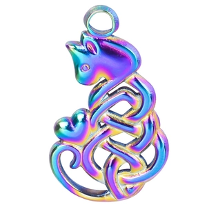 Detailed macro view of heart-shaped cat pendant with iridescent rainbow finish