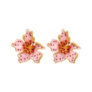 Elegant pink enamel flower stud earrings with gold accents and silver needles for women