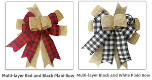 Detail of multi-layered red and black plaid burlap bows for Christmas tree decoration