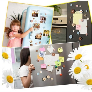 Daisy flower fridge magnets holding notes and photos on white and colored boards