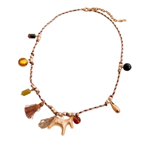 Ethnic bohemian braided rope necklace with small dog charm and colorful tassels