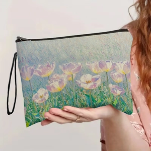 Artistic tulip oil painting makeup bag with zipper and black wristlet strap