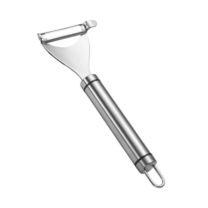 304 stainless steel vegetable peeler with ergonomic handle and hanging loop on white background
