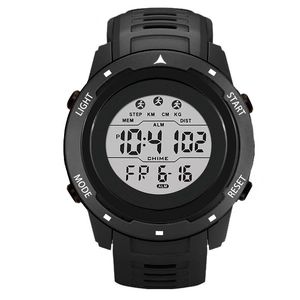 Sporty black digital watch with silicone strap featuring pedometer and alarm functions