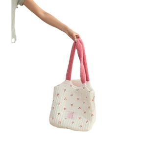 Quilted canvas tote bag with cherry print and pink faux fur handles for women