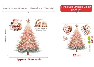 Stickers muraux sapin de Noël rose avec Père Noël et bonhomme de neige, 28x27,5cm