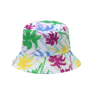 Tropical coconut tree print sun hat with colorful geometric patterns for outdoor travel