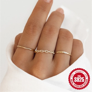 Three-piece minimalist 18K gold S925 sterling silver thin rings set with zircon accents