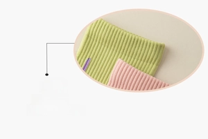 Detail of high-elastic ribbed cuffs on pink and green five-toe socks with non-slip texture
