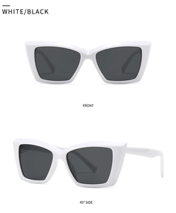Front and side view of retro white thick frame sunglasses with dark black lenses