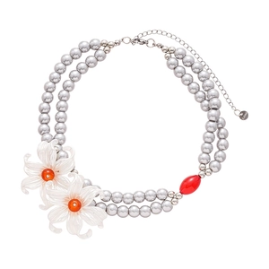 Double-layer gray faux pearl necklace with white floral accents and red bead details