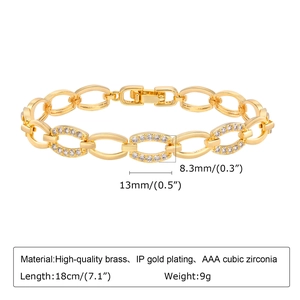 Detailed size specifications for a gold brass bracelet with cubic zirconia and IP gold plating