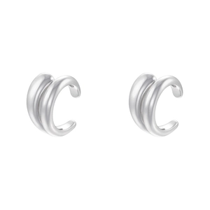 Close-up of polished silver double-layered C-shaped ear cuffs for non-pierced ears