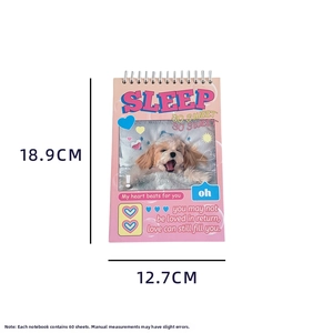 Pink cartoon spiral notebook with cute dog print and detailed size dimensions