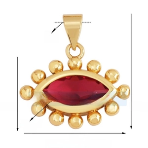 Detailed size chart for marquise gold pendant with red gemstone and cubic zirconia
