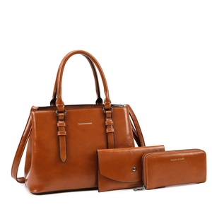 Three-piece women's fashion handbag set in caramel PU leather including tote and wallets