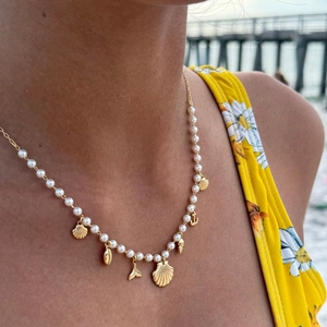 Beach Party Artificial Pearl Beaded Necklace With Stainless Steel Seashell Fish Tail Anchor Pendants Jewelry For Women