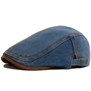 Classic vintage denim flat cap for men and women with brown suede brim contrast