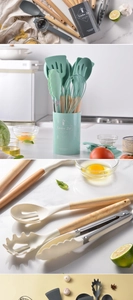 Detailed set of 14 silicone cooking utensils with wooden handles in a storage bucket
