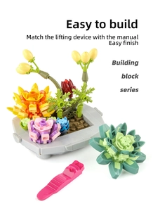 Close-up of succulent building blocks in a grey hexagonal pot with a disassembly tool