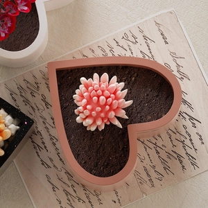Bovenaanzicht van een hartvormige hars bloempot met een vetplant op vintage papier