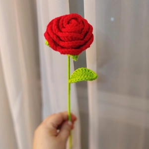 Handmade crochet red rose flower with green leaves and stem for Mother's Day gift