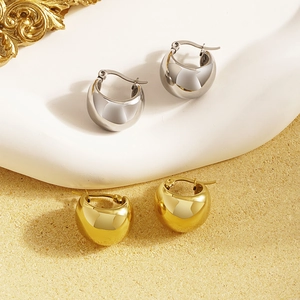French Retro Chunky Hoop Earrings Stainless Steel Polished Spherical Dome Earrings For Women Minimalist Geometric Jewelry