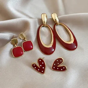 Vintage red heart pearl earring 3-pair set with geometric and oval drop designs